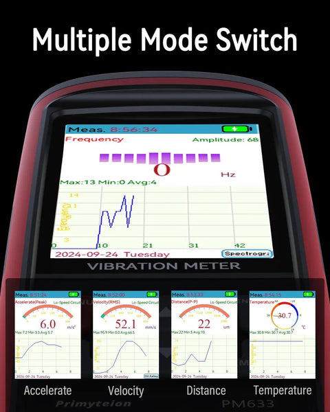 Digital Vibration Meter For Motors And HVAC Systems Pro Grade Vibration Analysis Tool Measuring Acceleration Velocity Displacement Frequency And Temperature With Wide Range Piezo Accelerometer Ideal For Engines Generators Pumps, handheld display