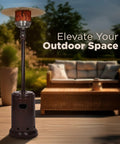 46,000 BTU Portable Outdoor Propane Patio Heater With Wheels, One Touch Ignition, Water Tank, Havana Bronze Finish next to patio sofa