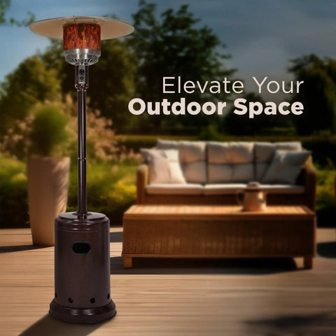 46,000 BTU Portable Outdoor Propane Patio Heater With Wheels, One Touch Ignition, Water Tank, Havana Bronze Finish next to patio sofa