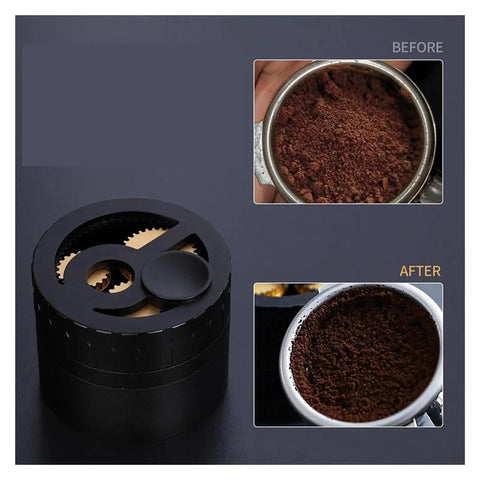 Total Game Changer 58mm Coffee Distributor Needle Tool For Portafilter Leveling Solid Aluminum Build Black Finish before and after ground espresso.