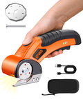 800 RPM Brushless Cordless Cardboard Cutter For Fast, Smooth Box Cutting, Beast Mode Pro Grade Tool With 3500mAh Battery, Powers Through Cardboard, Cartons, Plastic, Leather, Carpet, And More, orange handheld cutter with blade, cable, and case