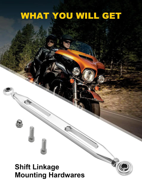 Biker Grade Chrome Shift Linkage Rod For Harley Davidson Touring Bikes 1986 2024 Bolt On Replacement For Smooth Shifts On Softail Dyna Fatboy Street Glide Road Glide Road King Electra Glide chrome shift linkage rod with mounting hardware