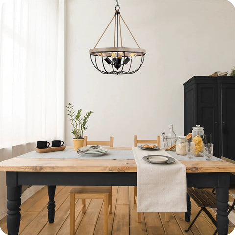 Florence 25 Inch Four Light Modern Farmhouse Hemp Rope Chandelier in smoked birch finish above dining table setup.
