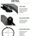 Detailed view of Hardcore Manganese Steel Drain Auger Tape with steel head, ball roller handle, and cross storage frame.