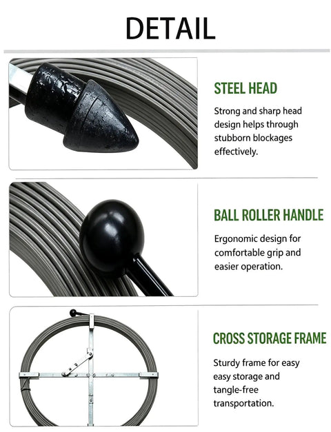 Detailed view of Hardcore Manganese Steel Drain Auger Tape with steel head, ball roller handle, and cross storage frame.