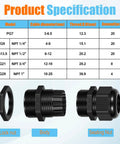 72 Piece Cable Glands Kit With Waterproof Strain Relief product specifications and components displayed in diagram.