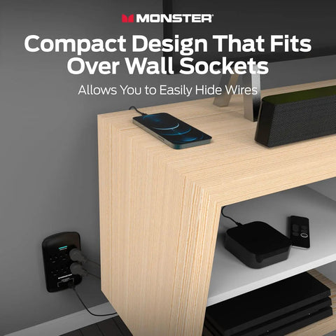 Beefy 6 Outlet Surge Protector Wall Tap with USB A and USB C Ports under entertainment setup, compact, black, ETL listed.