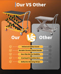 Front view of two hydraulic lift table carts; left yellow with hazard stripes and non-slip pad, right gray steel