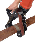 Diy Mini Belt Sander And Stainless Steel Pipe Polisher Featuring Flexible 20 And 40 Mm Strips For Zero Stress Grinding And Hella Smooth Finishes On Tight Curves Today in use on a metal pipe.