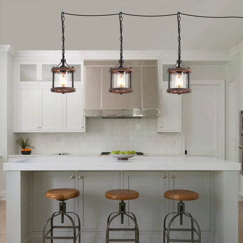 Cozy Farmhouse Style Plug In Pendant Light With Rustic Wood And Glass Cylinder, Industrial Hanging Fixture for Kitchen Island