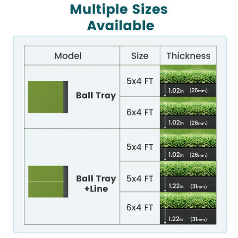 Size and thickness options for 6x4Ft Golf Practice Mat With Built In Ball Tray Alignment Line EVA Foam Base Durable Turf And 3 Tees