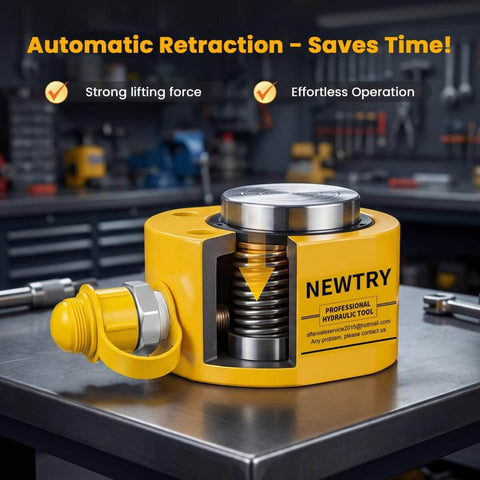 Yellow hydraulic tool on workbench in workshop, featuring automatic retraction and strong lifting force for industrial use.