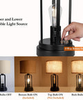 Industrial Farmhouse Table Lamps Duo With Night Light And USB Charging, showing switch and light modes, linen shade, black base
