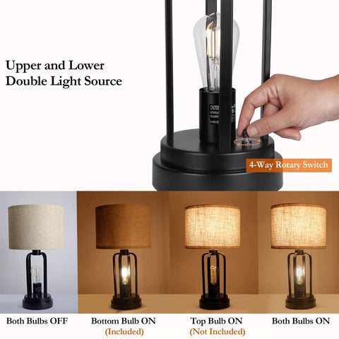 Industrial Farmhouse Table Lamps Duo With Night Light And USB Charging, showing switch and light modes, linen shade, black base