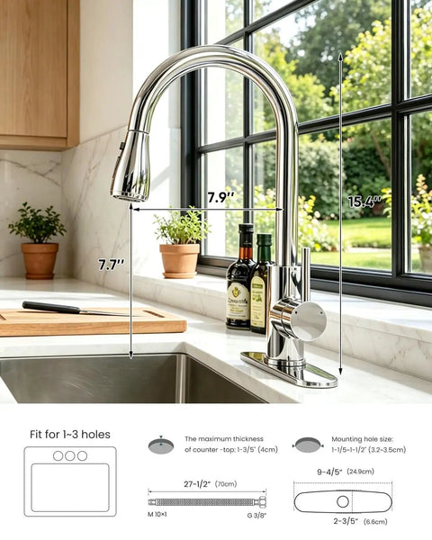 OWOFAN Chrome Kitchen Faucet with Pull Down Sprayer, 3-Mode Single Handle Sink Faucet displayed in a modern kitchen setting.