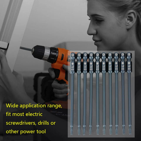 Top Tier S2 Alloy Steel Screwdriver Bits Set 10 Pieces Magnetic Drill Kit With 100mm Length And 1/4 Inch Hex Shank For Heavy Duty Electric Drivers, used with drill