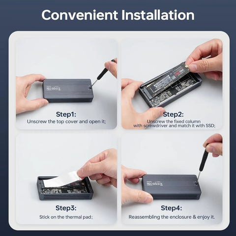Straight Fire Thunderbolt Enclosure For M.2 NVMe Drives showing installation steps with aluminum housing and tools.