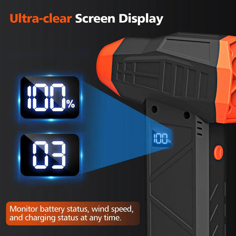 Cordless 110000RPM Air Duster With Four Speed Levels display showing battery and speed status on screen
