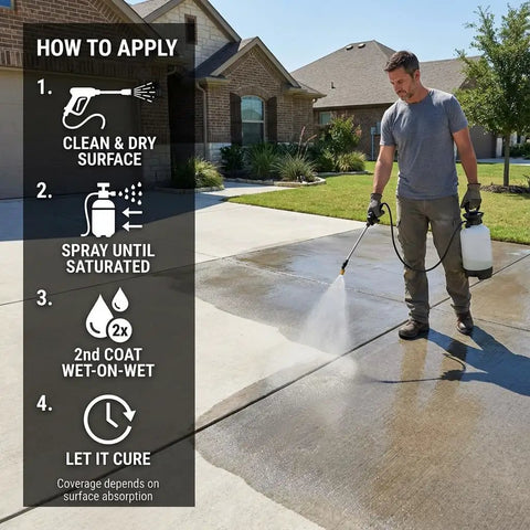 Man applying Pro Level Penetrating Concrete And Stone Sealant For Indoor Or Outdoor Areas on driveway using sprayer.