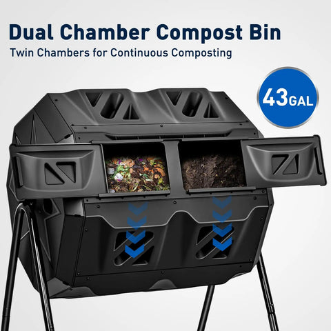 Dual Chamber Compost Bin Outdoor 43 Gallon Rotating Tumbling Composter With Sliding Doors No Fuss Setup shown with two chambers