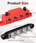 Built Like A Tank 12 Volt 250A Bus Bar And Power Distribution Block With Durable Cover For Marine Automotive Rv Solar Rig Featuring Fire Retardant Nylon Housing And M10 Terminals In Red Black Set size dimensions displayed with labels.
