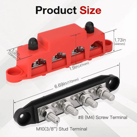 Built Like A Tank 12 Volt 250A Bus Bar And Power Distribution Block With Durable Cover For Marine Automotive Rv Solar Rig Featuring Fire Retardant Nylon Housing And M10 Terminals In Red Black Set size dimensions displayed with labels.