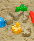 Colorful molds from 7 Piece Beach Sand Toys Set With Buckets Shovels Rakes And Castle Sand Molds For Kids In Sand