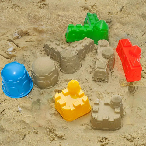 Colorful molds from 7 Piece Beach Sand Toys Set With Buckets Shovels Rakes And Castle Sand Molds For Kids In Sand