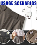Collage showing All In One Sewing Hooks And Eyes Kit With Sew On Snaps 152 Total Pairs In Four Colors used on garments