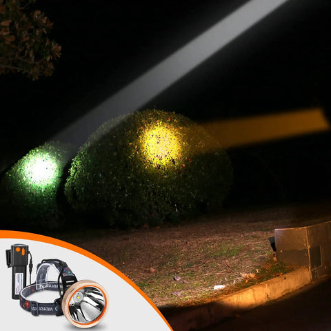 Rechargeable LED Headlamp With Ultra Bright Output illuminating trees in dark outdoor setting, showcasing powerful beam.