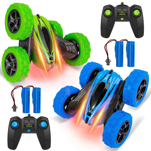 Two Pack RC Stunt Cars For Kids Fast 2.4GHz Remote Control Off Road Rock Crawler 4WD With Double Sided Tumbling Action And Rechargeable Batteries