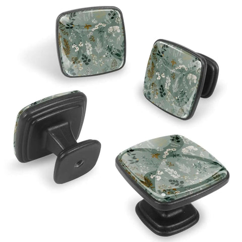 12 Pack Crystal Clear Glass Cabinet Knobs With Screws Square Pulls For Dresser Drawers And Wardrobe Premium Dope Glass Cabinet Hardware With Black ABS Square Base Botanical Flowers Leaves Pattern