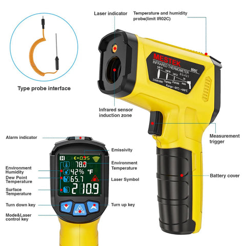 Non Contact Infrared Thermometer With Laser Targeting And K-Type Probe, Digital Temp Gun, Humidity Sensor, Color LCD
