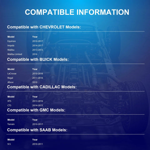 Compatible information for Front Or Rear Wheel Hub Bearing Assembly Fits 2010-2017 Chevrolet Equinox Malibu Impala 2010-2017 GMC Terrain Buick LaCrosse Regal Allure Cadillac XTS Saab 9-5 Ready To Roll shown against chassis background.