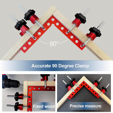 Two-Piece 90 Degree Corner Clamps For Woodworking, Premium Aluminum Alloy 5.5 By 5.5 Inch Squares, shown in use clamping wood