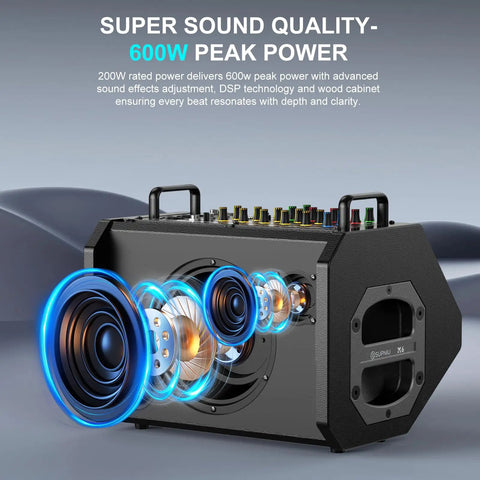 200W Portable Karaoke Machine With 5 Channel Mixer Bluetooth PA System 6 In 1 Wireless Voice Amplifier Two Wireless Mics For Party