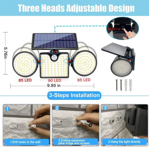 Diagram of Lit Dual Head Solar Motion Lights Outdoor 260 LED IP65 Waterproof Wall Lights, showing adjustable design and installation steps.