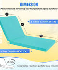 Teal Yard-Ready Two-Piece Outdoor Chaise Lounge Cushions Set With 3-Layer Waterproof Removable Covers And Ties, dimensions shown.