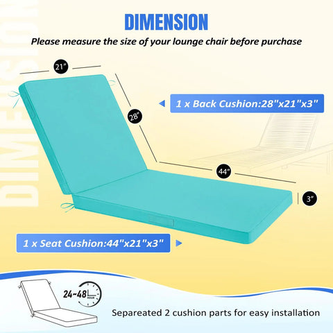 Teal Yard-Ready Two-Piece Outdoor Chaise Lounge Cushions Set With 3-Layer Waterproof Removable Covers And Ties, dimensions shown.