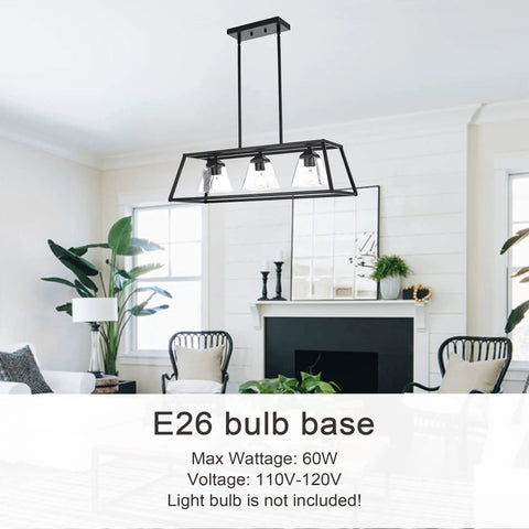 Farmhouse Chandelier Lighting Three Light Clear Glass Shade Pendant in living room with E26 bulb base