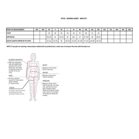 Size chart for Women's Armored Textile Motorcycle Jacket With Removable Liner Ride Ready For All Seasons Front Zipper Closure.