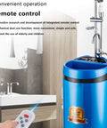 No Sweat Portable Electric Shower With 60 Liters Heated Water Tank remote control feature with a blue tank in a modern bathroom.