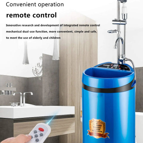 Heavy Duty Portable Electric Shower Heater Includes 60 Liter Storage Tank and 2000 Watt Rapid Warm Up Circuit with remote control.