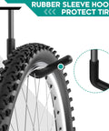 Close-up of rubber-coated hook holding bike tire on Ceiling Mounted Bike Rack For Garage Indoor Storage Hanger With Adjustable Hooks.