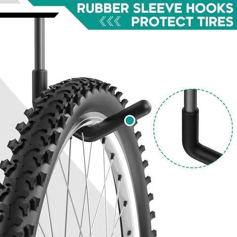 Close-up of rubber-coated hook holding bike tire on Ceiling Mounted Bike Rack For Garage Indoor Storage Hanger With Adjustable Hooks.