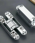 Badass Concealed Hidden Door Hinges With Rock Solid 180 Degree Adjustable Movement And A Zero Drama 80 Kilogram Load Rating For Quick Wood Door Installation In Sleek Black, showing two black steel hinges.