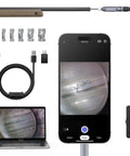 26 Inch Rigid Rifle Borescope For Precision Barrel Check And Cleaning With Laser Etched Depth Marks And Rubber Positioning Ring Keeps Probe Locked On The Exact Spot During Cleaning, shown with phone and laptop