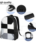 Slick Black And White Piano Grid Laptop Backpack Crafted From Heavy Duty Waterproof Oxford Cloth With Ultra Plush Straps For Daily Hustle Or Weekend Getaways side view showing cushioned straps and zippers.