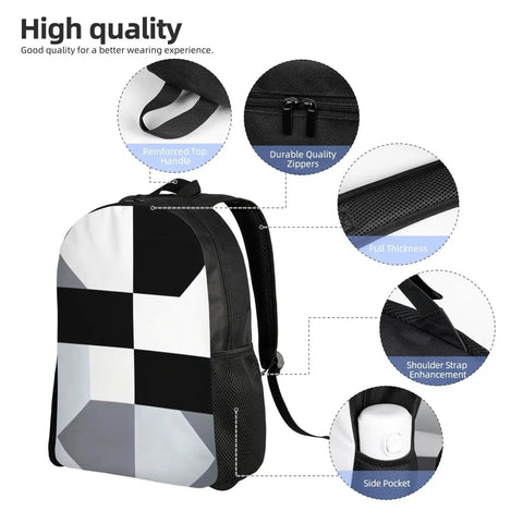 Slick Black And White Piano Grid Laptop Backpack Crafted From Heavy Duty Waterproof Oxford Cloth With Ultra Plush Straps For Daily Hustle Or Weekend Getaways side view showing cushioned straps and zippers.