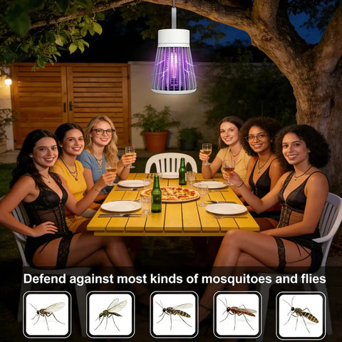 Indoor Outdoor Mosquito Zapper USB Rechargeable Bug Killer Lamp hanging above outdoor dining area with people